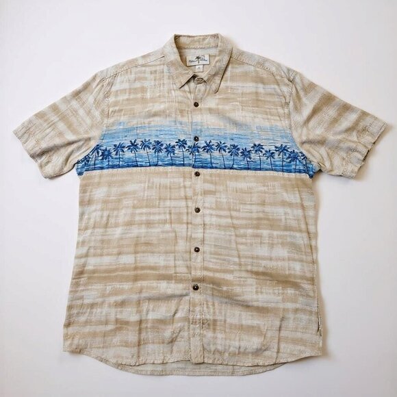 Island Shores XL Beige & Blue Palm Rayon Hawaiian Shirt - Picture 1 of 11